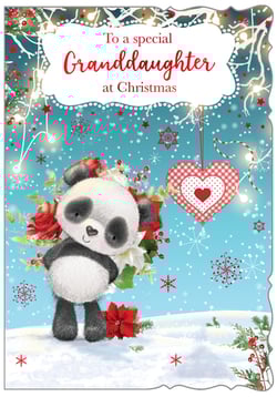 a christmas card with a panda bear and the words to a special granddaughter at christmas