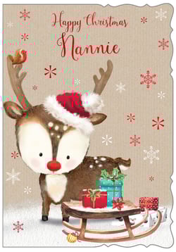 a christmas card with a reindeer wearing a santa hat