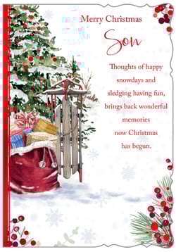 a merry christmas card for a son with a sled in the snow