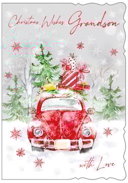 a christmas card for grandson with a red car with gifts on top
