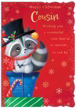 a christmas card with a raccoon wearing a top hat and scarf