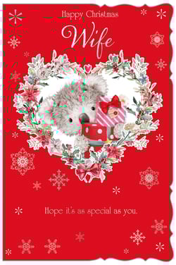 a christmas card for a wife with a teddy bear holding a gift