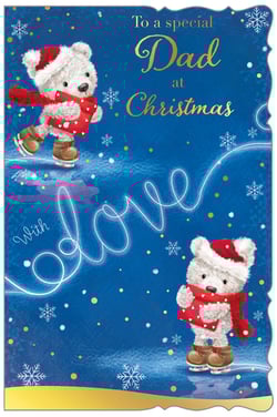 a christmas card for a special dad with two teddy bears ice skating .
