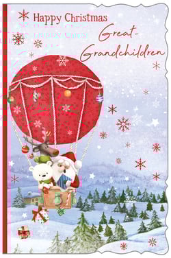 a christmas card for great grandchildren with santa and reindeer flying in a hot air balloon .