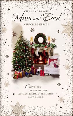 a christmas card for mum and dad with a christmas tree and fireplace
