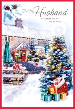 a christmas card for a husband with a christmas tree and gifts