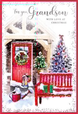 a christmas card for a grandson with a red door and a christmas tree