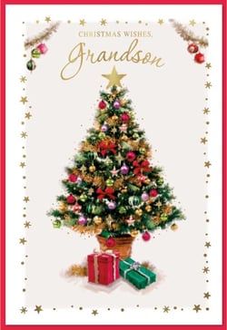a christmas card for grandson with a christmas tree and gifts