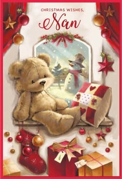 a christmas card with a teddy bear sitting on a window sill