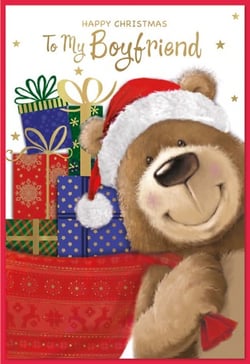 a christmas card with a teddy bear wearing a santa hat