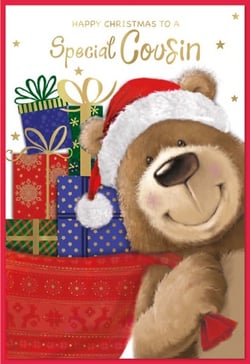 a christmas card with a teddy bear wearing a santa hat