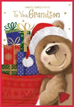 a christmas card with a teddy bear wearing a santa hat
