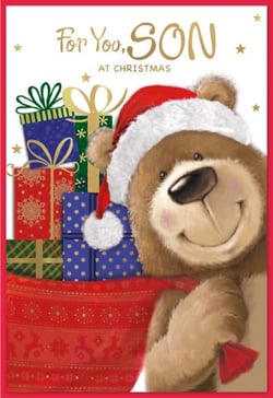 a christmas card with a teddy bear wearing a santa hat