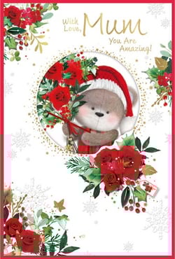 a christmas card with a teddy bear wearing a santa hat