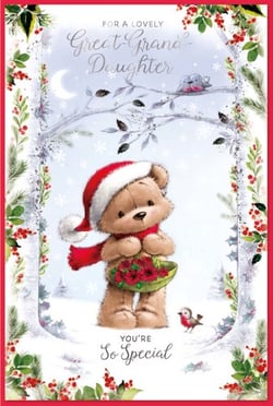 a christmas card with a teddy bear wearing a santa hat