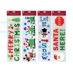 four christmas window decorations including one that says merry christmas