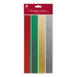 a package of 80 paper chains in red green gold and silver
