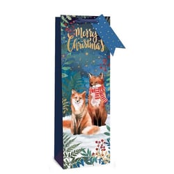 a merry christmas gift bag with two foxes on it
