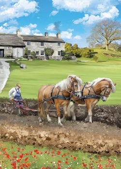 A painting of two horses pulling a plow in a field.
