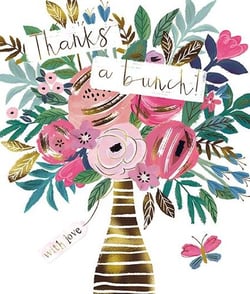 a thank you card with a bouquet of flowers in a vase .