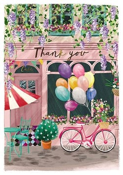 a thank you card with a bicycle and balloons in front of a cafe .