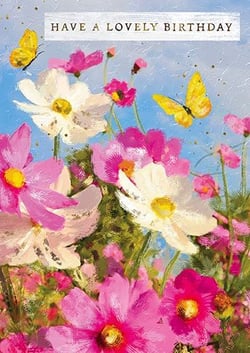 a birthday card with a painting of pink and white flowers and butterflies .