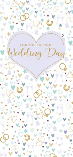 A wedding day card with hearts and rings on it.