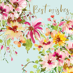 A card that says "best wishes" with flowers and butterflies.