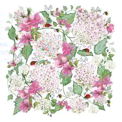 A pattern of flowers and ladybugs on white background.