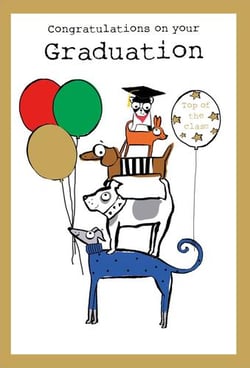 congratulations on your graduation card with a stack of dogs and balloons .