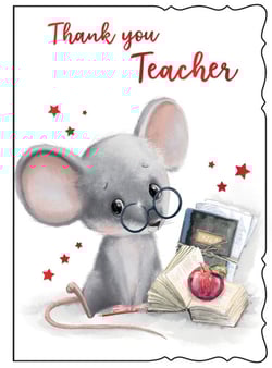 a thank you teacher card with a mouse wearing glasses