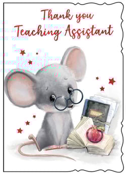 a thank you teaching assistant card with a mouse wearing glasses