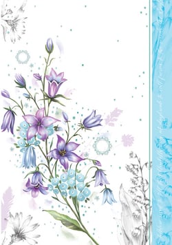Purple and blue flowers on a blue and white background.