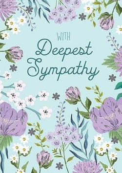 A sympathy card with purple and white flowers on a blue background.