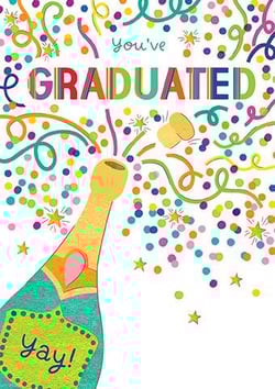 A congratulations card with a bottle of champagne and confetti.