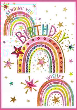 A birthday card with rainbows and the words sending you birthday wishes.