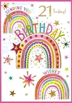 A 21st birthday card with rainbows and stars.