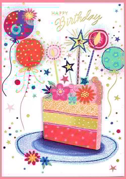 a birthday card with a slice of cake on a plate