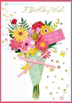 a birthday wish card with a bouquet of flowers
