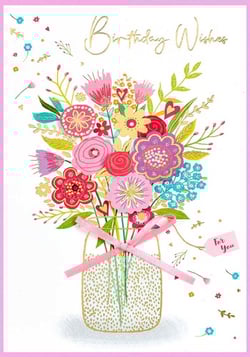 a birthday card with flowers in a mason jar