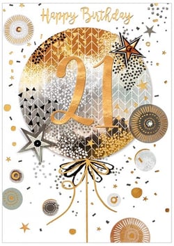 a birthday card with a balloon with the number 21 on it .