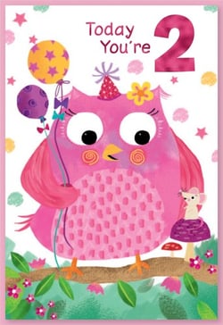 A pink owl with balloons and the number 2 on it.