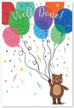 A well done card with a teddy bear holding balloons.