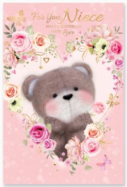 A birthday card for a niece with a teddy bear surrounded by flowers.