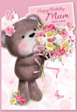 A birthday card with a teddy bear holding a bouquet of flowers.