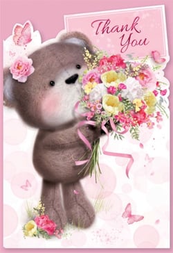 A thank you card with a teddy bear holding a bouquet of flowers.