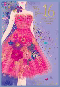 A 16th birthday card with a woman in a pink dress.