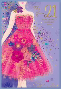 A 21st birthday card with a woman in a pink dress.
