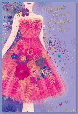 A birthday card for a great granddaughter with a woman in a pink dress.