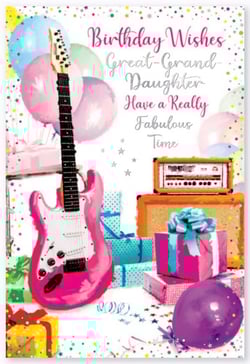 A birthday card for a great granddaughter with a pink guitar